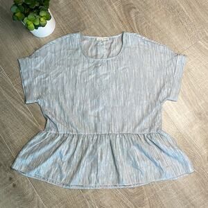 MOON RIVER Gray Blue Shimmery Short Sleeve Button Detail Blouse Women’s